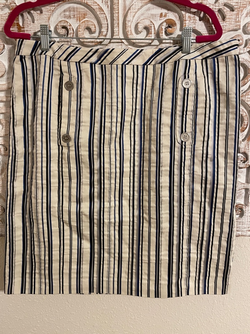 Lafayette 148 New York Cream Pencil Skirt with Navy & Black Stripes